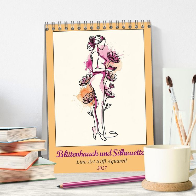 Produktbild: Bl&uuml;tenhauch und Silhouette - Line Art trifft Aquarell (Tischkalender 2027 DIN A5 hoch), CALVENDO Monatskalender