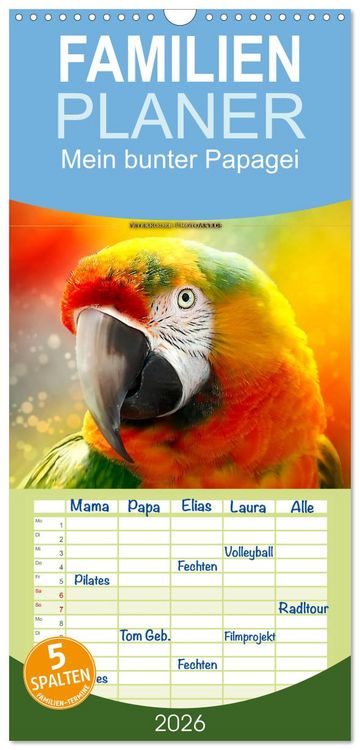 Produktbild: Familienplaner 2026 - Mein bunter Papagei mit 5 Spalten (Wandkalender, 21 x 45 cm) CALVENDO