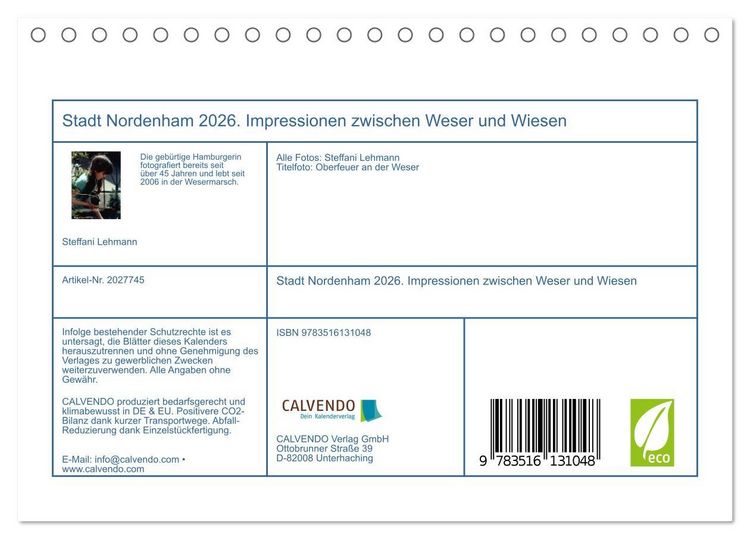 Produktbild: Stadt Nordenham 2026. Impressionen zwischen Weser und Wiesen (Tischkalender 2026 DIN A5 quer), CALVENDO Monatskalender