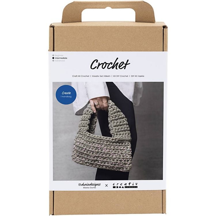 Produktbild: Creativ Company DIY Sets Stricken & H&auml;keln Kreativ Set H&auml;keln, Olivgr&uuml;n, , Grob geh&auml;kelte Tasche, Kreativ Box