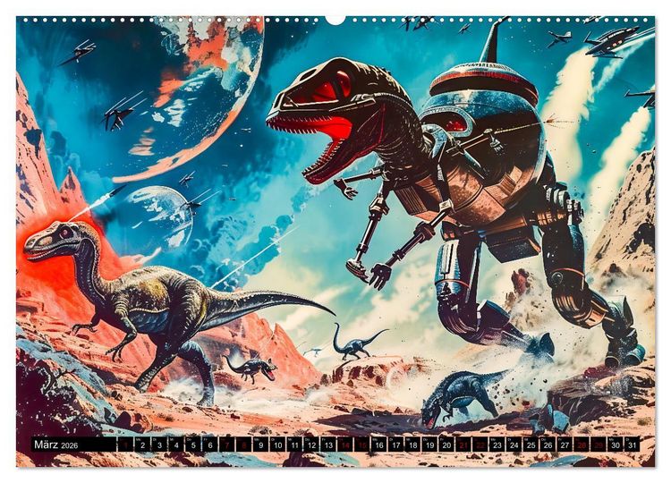 Produktbild: Dinosaurier Sci-Fi - Kampf der Urzeitgiganten im Weltall (Wandkalender 2026 DIN A2 quer), CALVENDO Monatskalender