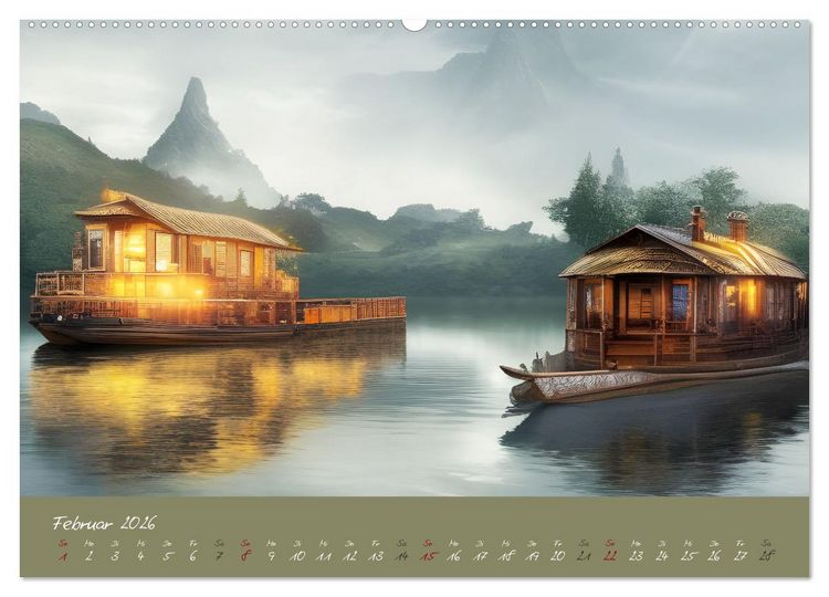 Produktbild: Romantische Fantasy Hausboote Magische Stimmungen in der D&auml;mmerung (Wandkalender 2026 DIN A2 quer), CALVENDO Monatskalender
