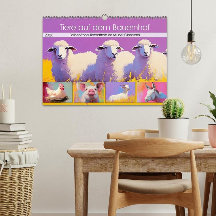 Produktbild: Tiere auf dem Bauernhof. Farbenfrohe Tierportraits im Stil der &Ouml;lmalerei (Wandkalender 2026 DIN A3 quer), CALVENDO Monatskalender