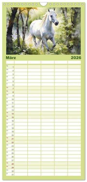 Produktbild: Familienplaner 2026 - Anmutige Schimmel. &Auml;sthetik Aquarell-Pferde mit 5 Spalten (Wandkalender, 21 x 45 cm) CALVENDO