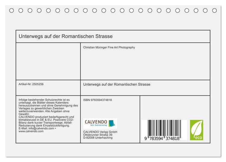 Produktbild: Unterwegs auf der Romantischen Strasse (Tischkalender 2027 DIN A5 quer), CALVENDO Monatskalender