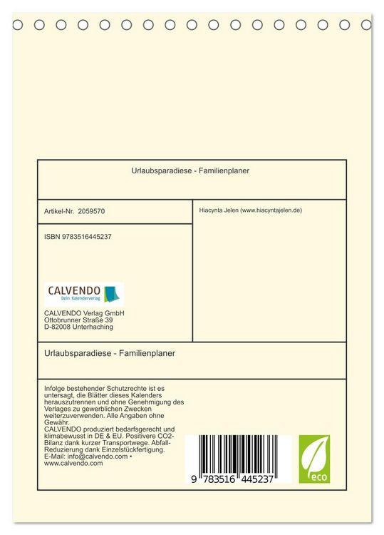 Produktbild: Urlaubsparadiese - Familienplaner (Tischkalender 2026 DIN A5 hoch), CALVENDO Monatskalender
