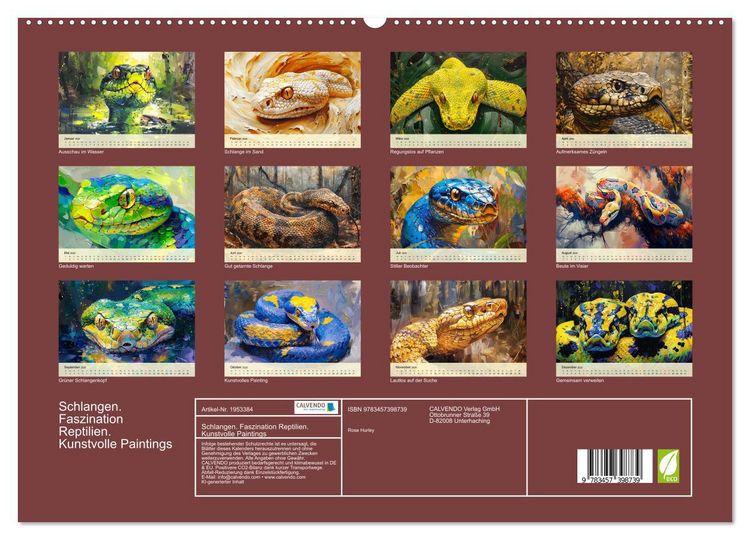 Produktbild: Schlangen. Faszination Reptilien. Kunstvolle Paintings (hochwertiger Premium Wandkalender 2026 DIN A2 quer), Kunstdruck in Hochglanz