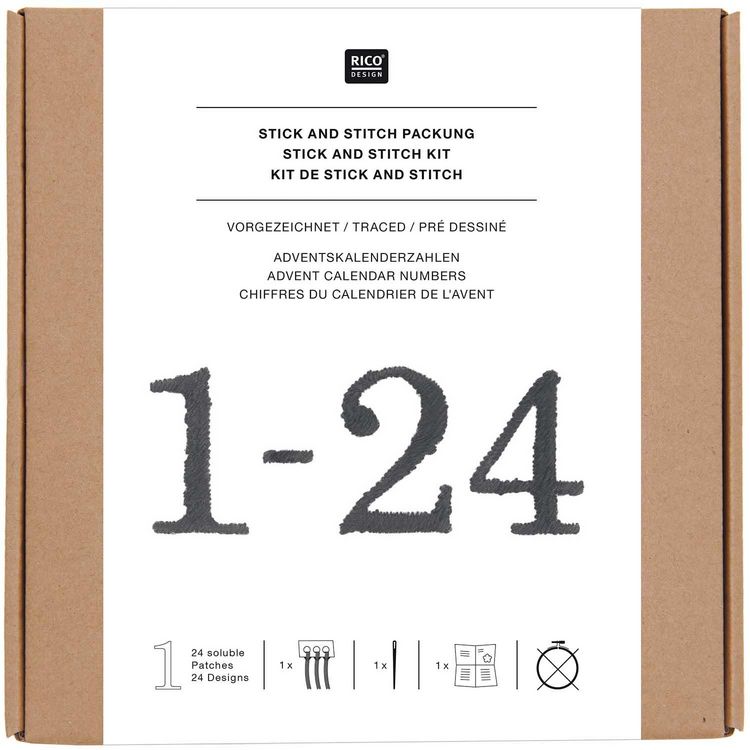 Produktbild: Stick & Stitch Packung Adventskalender Zahlen, schwarz, inkl. wasserl&ouml;slicher, bedruckter Stickvorlage