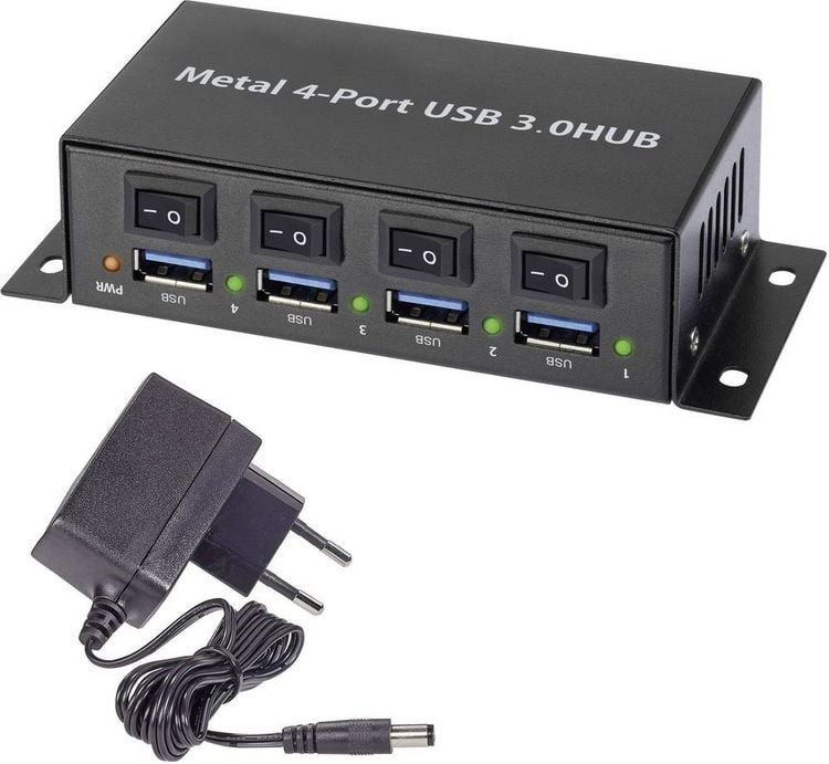 Produktbild: Renkforce RF-3955362 USB-Hub 4 Port USB-A USB 3.0 5 GBit/s Metallgeh&auml;use, einzeln schaltbar, zur Wandmontage Schwarz RF-3955362