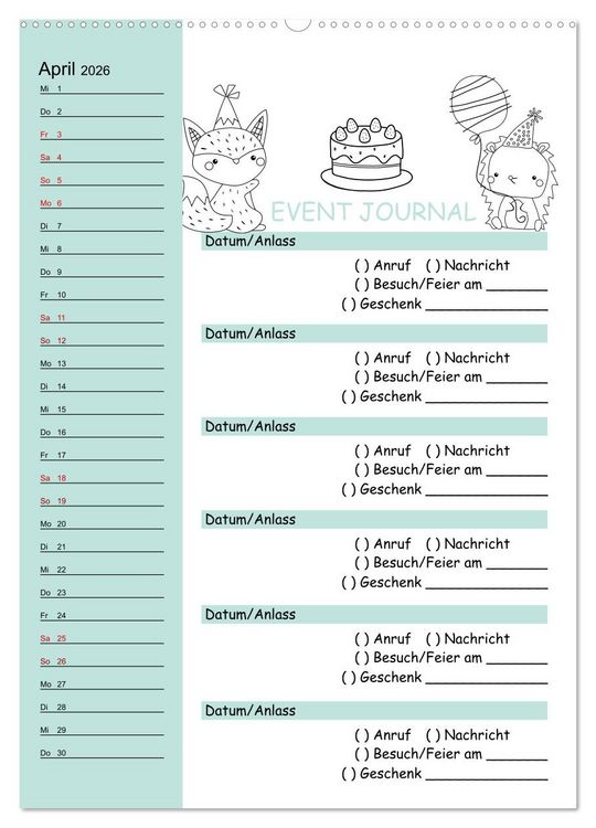 Produktbild: Geburtstagsplaner Doodle Tiere - F&uuml;r Termine, Geschenke, Eventdetails & mehr (Wandkalender 2026 DIN A2 hoch), CALVENDO Monatskalender