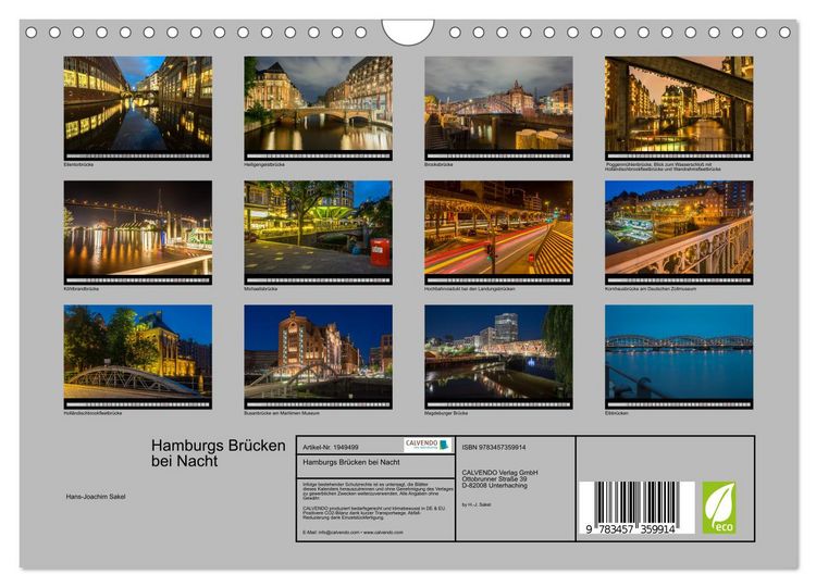 Produktbild: Hamburgs Br&uuml;cken bei Nacht (Wandkalender 2026 DIN A4 quer), CALVENDO Monatskalender