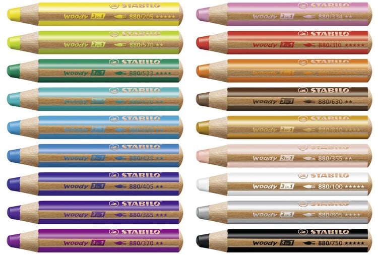 Produktbild: Buntstift, Wasserfarbe & Wachsmalkreide - STABILO woody 3 in 1 - 18er Pack mit Spitzer und Pinsel - mit 18 verschiedenen Farben