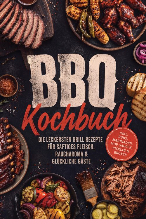 Produktbild: BBQ Kochbuch: Die leckersten Grill Rezepte f&uuml;r saftiges Fleisch, Raucharoma & gl&uuml;ckliche G&auml;ste - inkl. Rubs, Marinaden, Mop-Saucen, Pickles & Broten