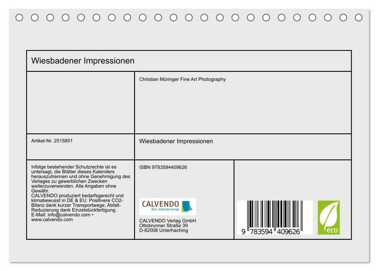 Produktbild: Wiesbadener Impressionen (Tischkalender 2027 DIN A5 quer), CALVENDO Monatskalender