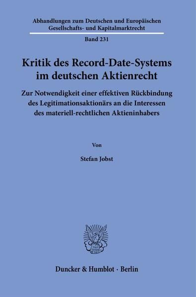Produktbild: Kritik des Record-Date-Systems im deutschen Aktienrecht.