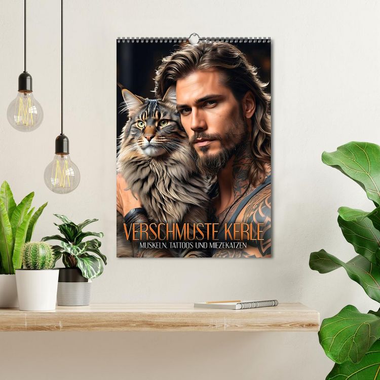 Produktbild: Verschmuste Kerle - Muskeln, Tattoos und Miezekatzen (Wandkalender 2026 DIN A3 hoch), CALVENDO Monatskalender