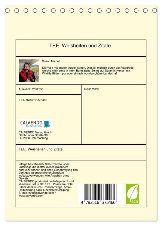 Produktbild: TEE Weisheiten und Zitate (Tischkalender 2026 DIN A5 hoch), CALVENDO Monatskalender