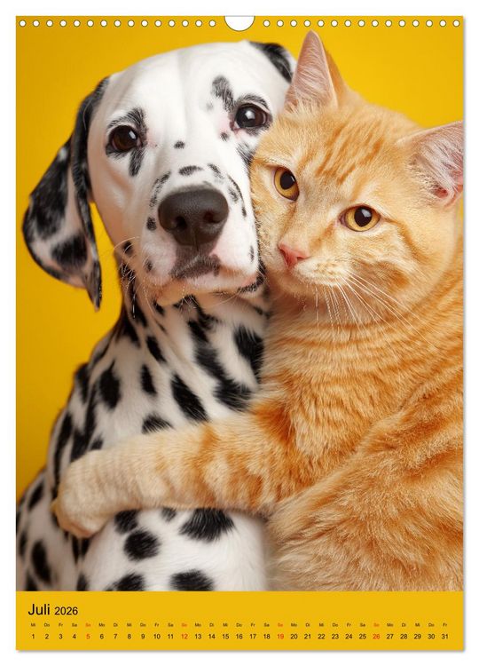Produktbild: Freundschaftskalender - Katzen und Hunde, beste Freunde in Umarmung (Wandkalender 2026 DIN A3 hoch), CALVENDO Monatskalender