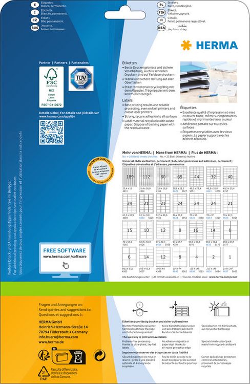 Produktbild: HERMA Etiketten permanent wei&szlig; 210x297mm 10 Blatt 10 St&uuml;ck