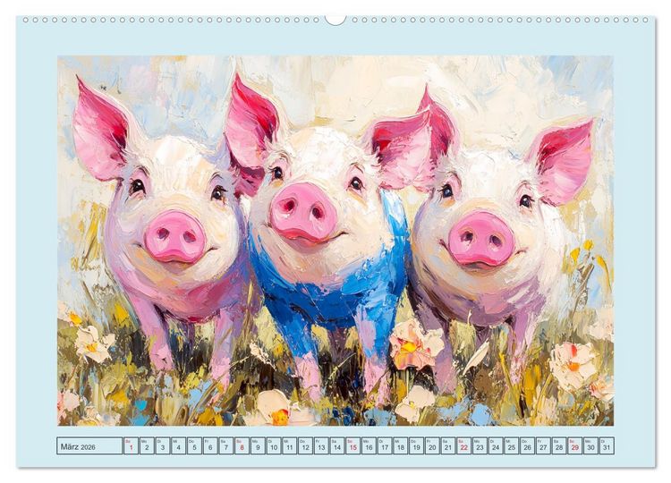 Produktbild: Lustiges Borstenvieh. Zauberhafte Schweinchen im &Ouml;lgem&auml;lde-Stil (hochwertiger Premium Wandkalender 2026 DIN A2 quer), Kunstdruck in Hochglanz