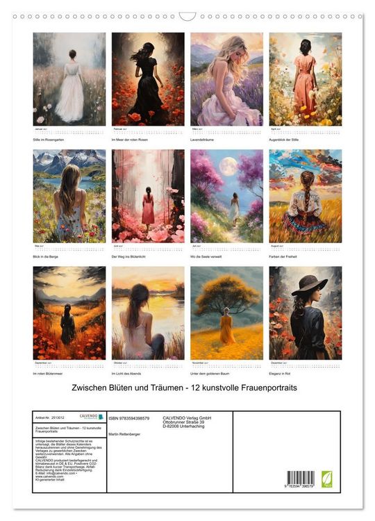 Produktbild: Zwischen Bl&uuml;ten und Tr&auml;umen - 12 kunstvolle Frauenportraits (Wandkalender 2027 DIN A2 hoch), CALVENDO Monatskalender