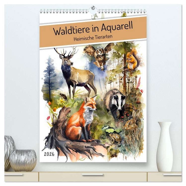 Produktbild: Waldtiere in Aquarell - Heimische Tierarten (hochwertiger Premium Wandkalender 2026 DIN A2 hoch), Kunstdruck in Hochglanz
