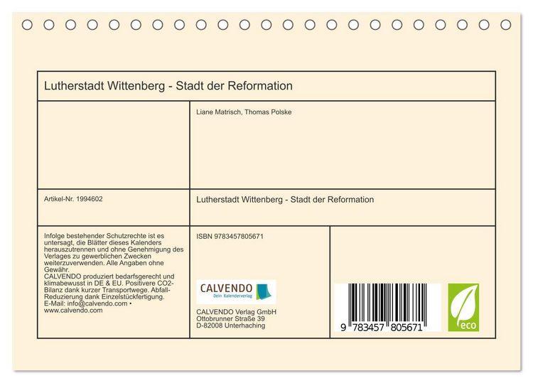 Produktbild: Lutherstadt Wittenberg - Stadt der Reformation (Tischkalender 2026 DIN A5 quer), CALVENDO Monatskalender