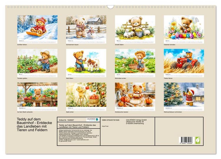 Produktbild: Teddy auf dem Bauernhof - Entdecke das Landleben mit Tieren und Feldern (Wandkalender 2026 DIN A2 quer), CALVENDO Monatskalender