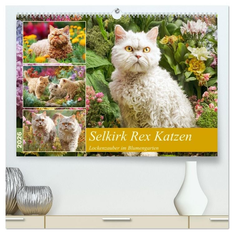 Produktbild: Selkirk Rex Katzen. Lockenzauber im Blumengarten (hochwertiger Premium Wandkalender 2026 DIN A2 quer), Kunstdruck in Hochglanz