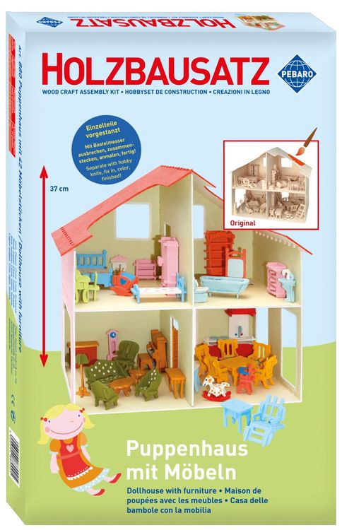Produktbild: PEBARO 880 - Puppenhaus Holzbausatz mit M&ouml;beln, 11+241 Teile, Holzkonstruktion zum Zusammenstecken