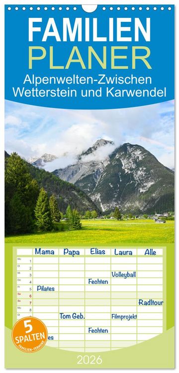 Produktbild: Familienplaner 2026 - Alpenwelten-Zwischen Wetterstein und Karwendel mit 5 Spalten (Wandkalender, 21 x 45 cm) CALVENDO