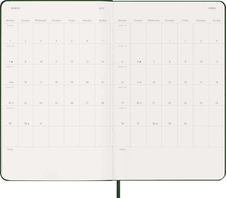 Produktbild: Moleskine 12 Monate Wochen Notizkalender 2027, Large/A5, 1 Wo = 1 Seite, rechts linierte Seite, Fester Einband, Myrtengr&uuml;n