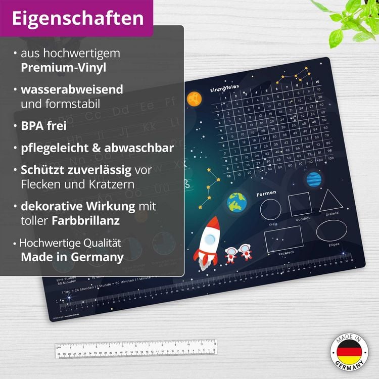 Produktbild: Cover-your-desk Schreibtischunterlage f&uuml;r Kinder Weltraum Schulanfang - abc und einmaleins, aus hochwertigem Vinyl , 60 x 40 cm
