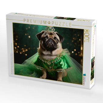 Produktbild: CALVENDO Puzzle Mops tr&auml;gt elegantes gr&uuml;nes Abendkleid mit Schmuck und Krone | 1000 Teile Lege-Gr&ouml;&szlig;e 64x48cm Foto-Puzzle f&uuml;r gl&uuml;ckliche Stunden