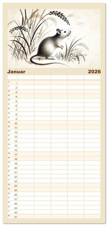Produktbild: Familienplaner 2026 - Chinesische Tierkreiszeichen - Kunstvolle KI-Tuschemalerei des Ostens mit 5 Spalten (Wandkalender, 21 x 45 cm) CALVENDO
