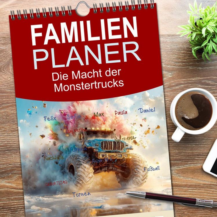 Produktbild: Familienplaner 2026 - Die Macht der Monstertrucks mit 5 Spalten (Wandkalender, 21 x 45 cm) CALVENDO