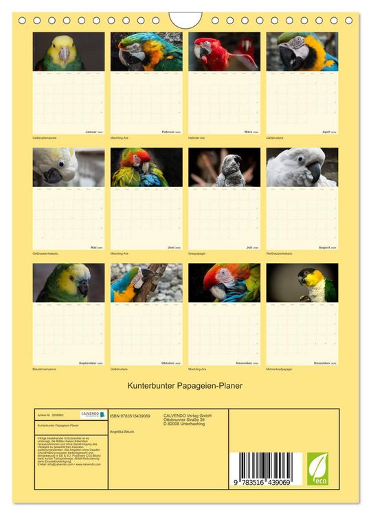 Produktbild: Kunterbunter Papageien-Planer (Wandkalender 2026 DIN A4 hoch), CALVENDO Monatskalender