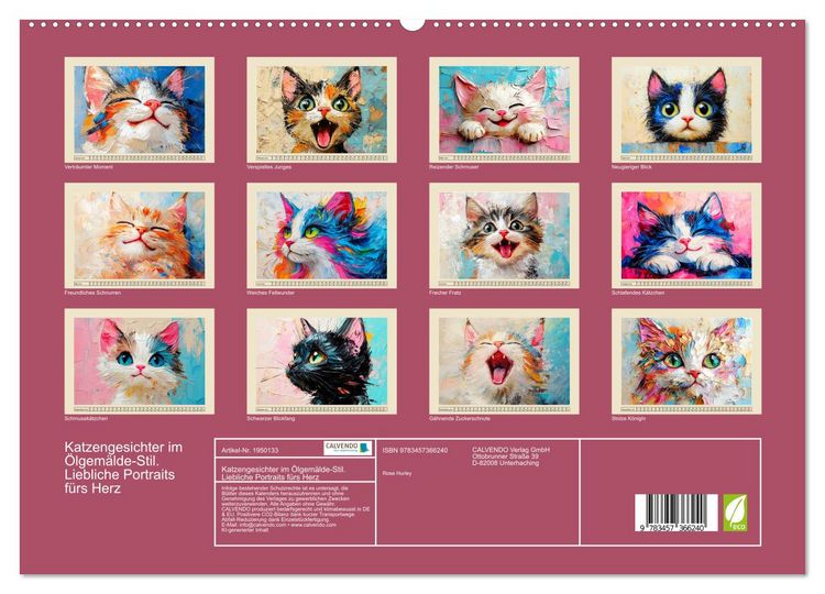Produktbild: Katzengesichter im &Ouml;lgem&auml;lde-Stil. Liebliche Portraits f&uuml;rs Herz (hochwertiger Premium Wandkalender 2026 DIN A2 quer), Kunstdruck in Hochglanz