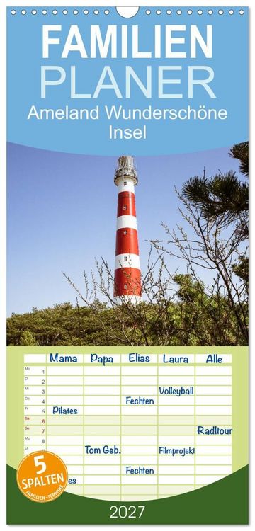 Produktbild: Familienplaner 2027 - Ameland Wundersch&ouml;ne Insel mit 5 Spalten (Wandkalender, 21 x 45 cm) CALVENDO
