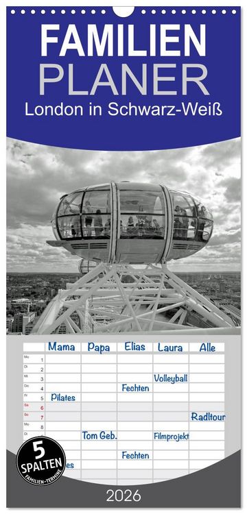 Produktbild: Familienplaner 2026 - London in Schwarz-Wei&szlig; mit 5 Spalten (Wandkalender, 21 x 45 cm) CALVENDO