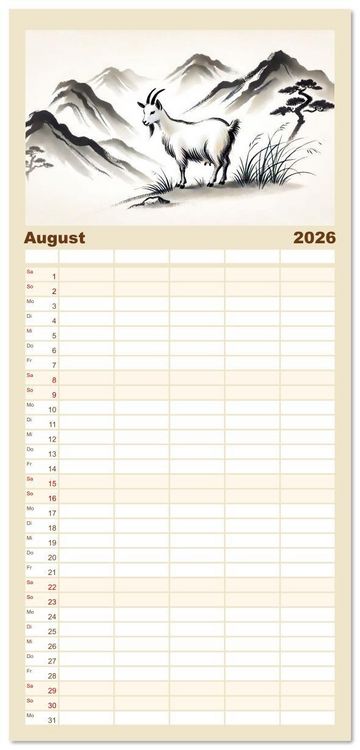 Produktbild: Familienplaner 2026 - Chinesische Tierkreiszeichen - Kunstvolle KI-Tuschemalerei des Ostens mit 5 Spalten (Wandkalender, 21 x 45 cm) CALVENDO