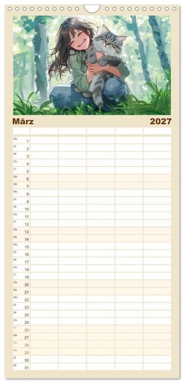 Produktbild: Familienplaner 2027 - Tierische Anime-Freunde - Fr&ouml;hliche Streifz&uuml;ge mit Hund und Katze mit 5 Spalten (Wandkalender, 21 x 45 cm) CALVENDO