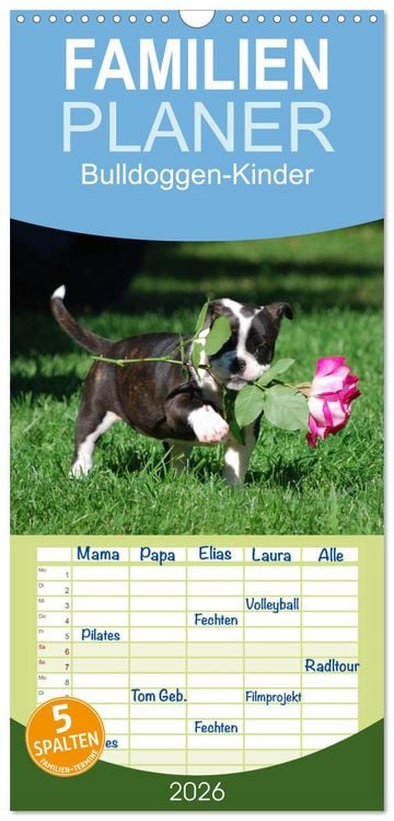 Produktbild: Familienplaner 2026 - Bulldoggen-Kinder mit 5 Spalten (Wandkalender, 21 x 45 cm) CALVENDO