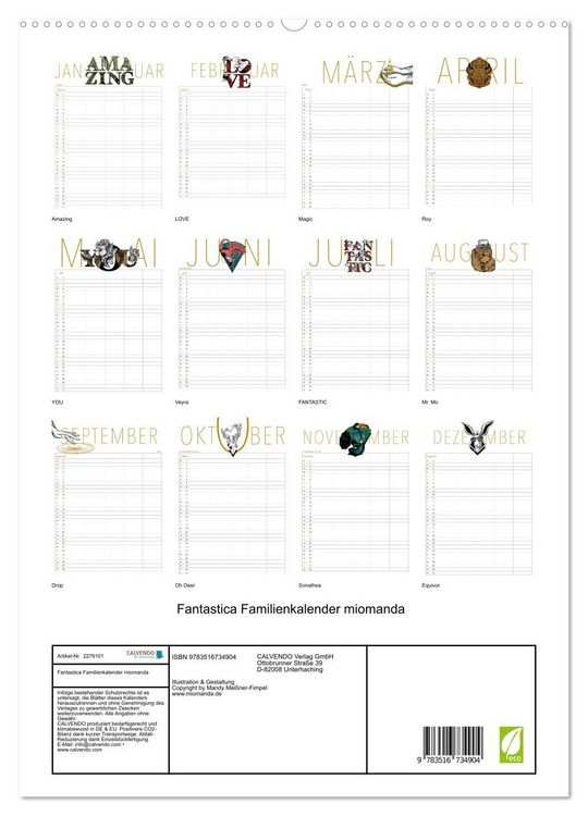 Produktbild: Fantastica Familienkalender miomanda (hochwertiger Premium Wandkalender 2026 DIN A2 hoch), Kunstdruck in Hochglanz
