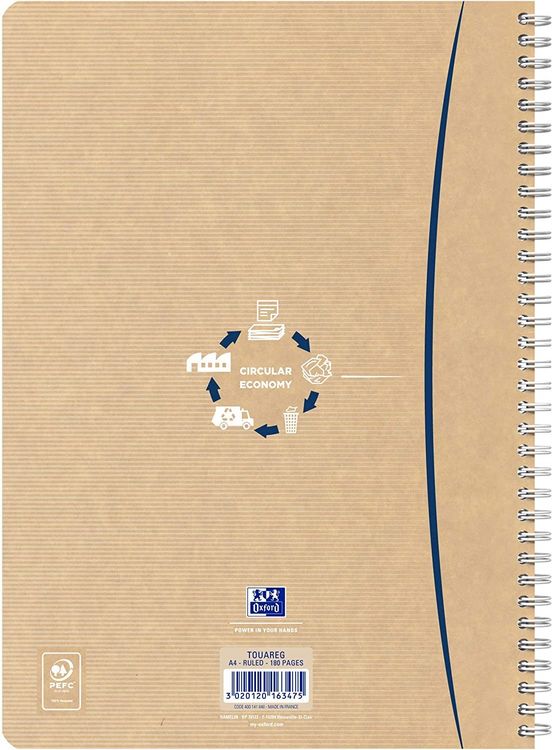 Produktbild: OXFORD Notizbuch Touareg A4, liniert, 180 Seiten, recyceltes Papier, Spiralbindung, Einband, Kraftpapier, zuf&auml;llige Farbauswahl sortiert