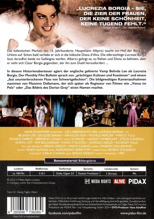 Produktbild: Die Liebesn&auml;chte der Lucrezia Borgia / Bildgewaltiges Historienabenteuer mit Belinda Lee (Pidax Historien-Klassiker)