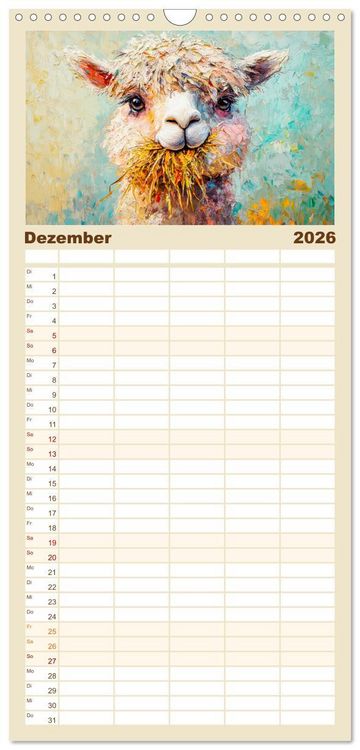 Produktbild: Familienplaner 2026 - Alpakas. Entz&uuml;ckende Paintings in duftigen Farben mit 5 Spalten (Wandkalender, 21 x 45 cm) CALVENDO