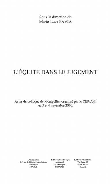Produktbild: Equite dans le jugement l'