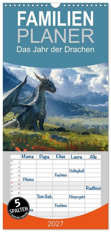 Produktbild: Familienplaner 2027 - Das Jahr der Drachen mit 5 Spalten (Wandkalender, 21 x 45 cm) CALVENDO