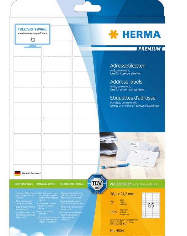 Produktbild: HERMA Adressetiketten Premium A4 wei&szlig;, permanent haftend, 25 Blatt